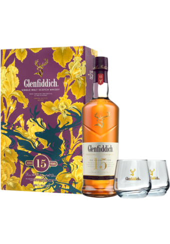 Glenfiddich 15 Year Old Single Malt Whisky + Twin Glass Set-143210